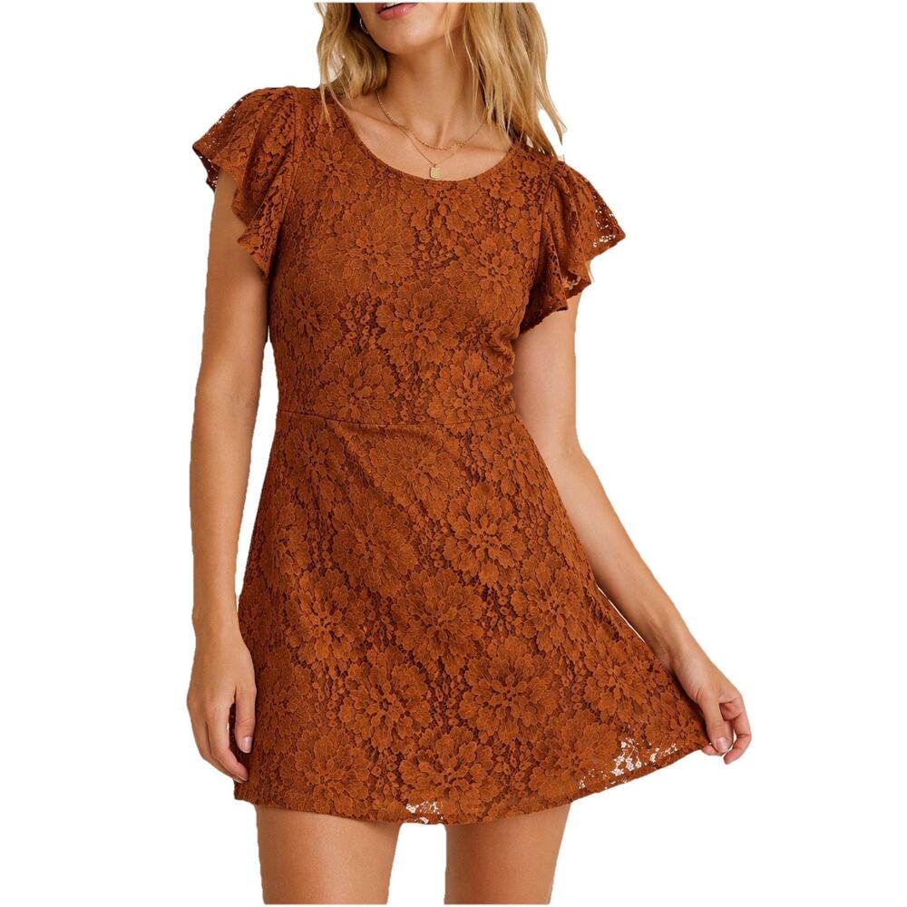 Free People Lace Mini Dress SP Rust Copper Floral Boho Flutter Sleeve Tie Back
